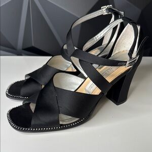 Valerie Stevens Black and Silver Heeled Sandals with Strappy Design